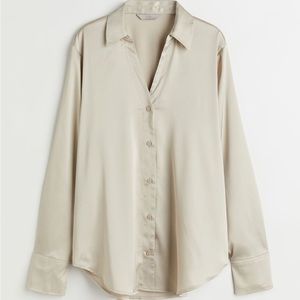 H&M, Cream/Light Gold Satin, oversized v-neck Button-Up Blouse